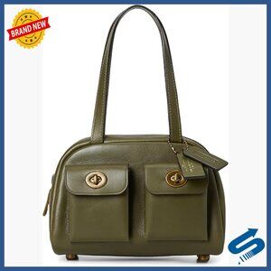 Leather Satchel Handbag with Turnlock Pockets and Zipper Closure